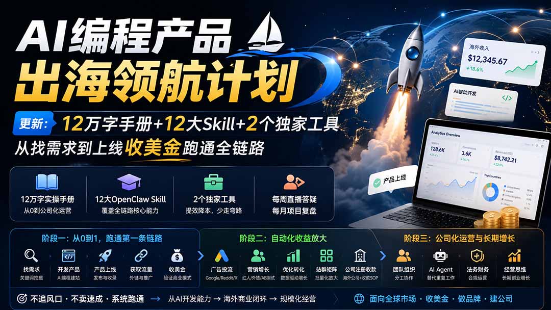 AI编程产品出海领航计划-更新：12万字手册+12大Skill+2个独家工具，从找需求到上线收美金跑通全链路-百川聊项目