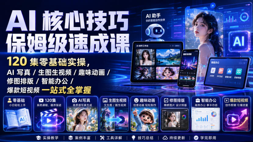 AI核心技巧保姆级速成课｜120集零基础实操，AI写真/生图生视频/趣味动画/修图排版/智能办公/爆款短视频一站式全掌握(更新)-百川聊项目