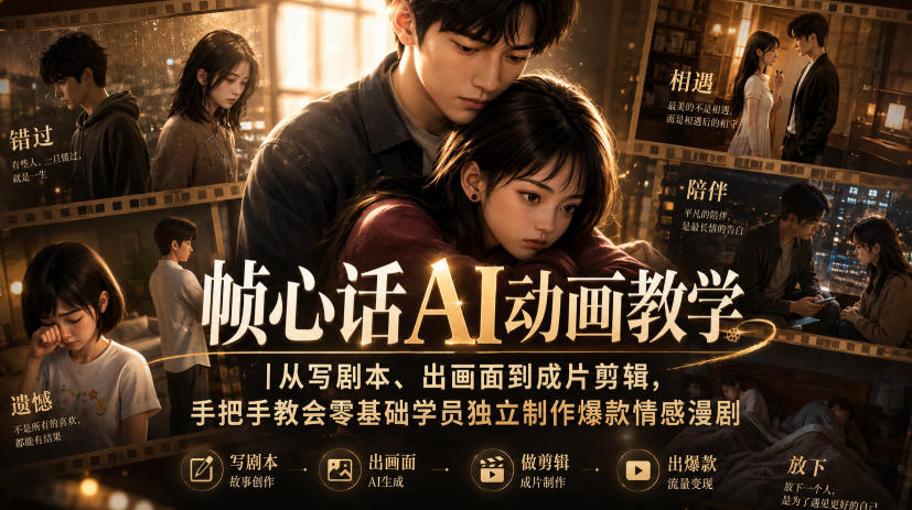 帧心话AI动画教学｜从写剧本、出画面到成片剪辑，手把手教会零基础学员独立制作爆款情感漫剧-百川聊项目