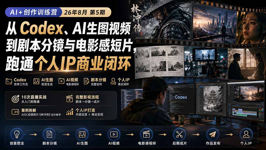 AI+创作训练营26年8月第5期：从Codex、AI生图视频到剧本分镜与电影感短片，跑通个人IP商业闭环-百川聊项目
