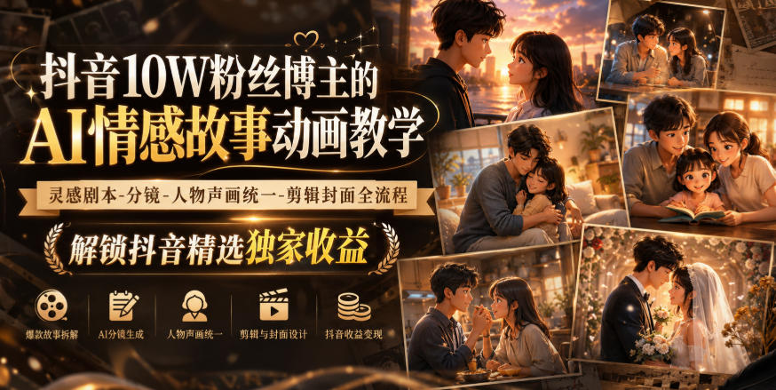 抖音10W粉丝博主的AI情感故事动画教学，灵感剧本‑分镜‑人物声画统一‑剪辑封面全流程，解锁抖音精选独家收益-百川聊项目