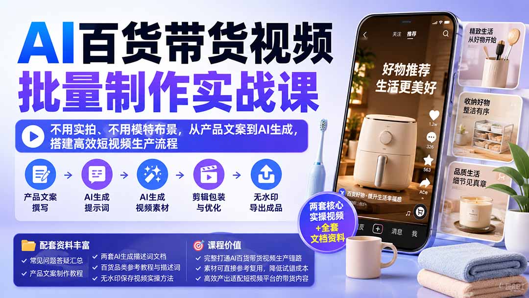AI百货带货视频批量制作实战课：不用实拍、不用模特布景，从产品文案到AI生成，搭建高效短视频生产流程-百川聊项目