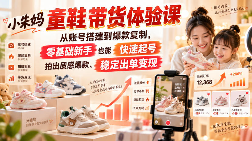 小朱妈童鞋带货体验课，从账号搭建到爆款复制，零基础新手也能快速起号、拍出质感爆款、稳定出单变现-百川聊项目