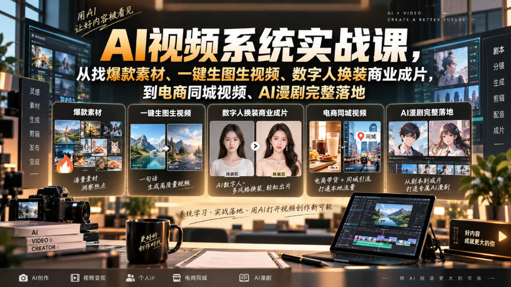 AI视频系统实战课，从找爆款素材、一键生图生视频、数字人换装商业成片，到电商同城视频、AI漫剧完整落地-百川聊项目