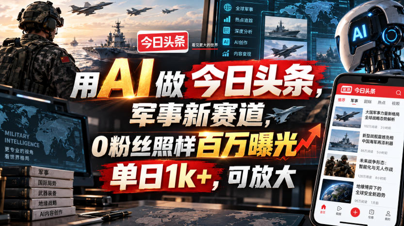 用AI做今日头条，军事新赛道，0粉丝照样百万曝光，单日1k+，可放大-百川聊项目