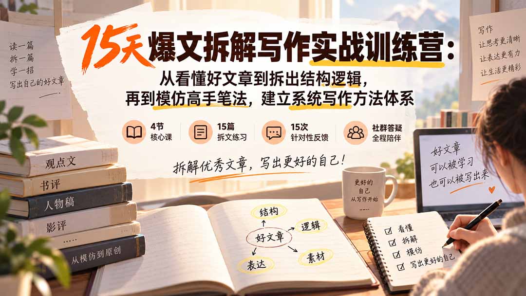 15天爆文拆解写作实战训练营：从看懂好文章到拆出结构逻辑，再到模仿高手笔法，建立系统写作方法体系-百川聊项目