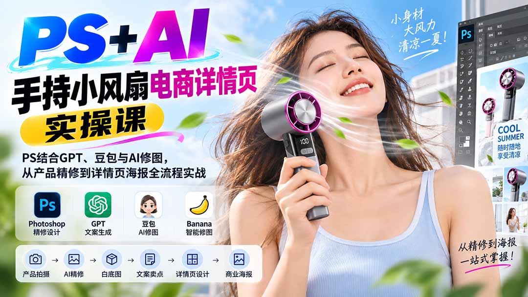 PS+AI手持小风扇电商详情页实操课：PS结合GPT、豆包与AI修图，从产品精修到详情页海报全流程实战-百川聊项目