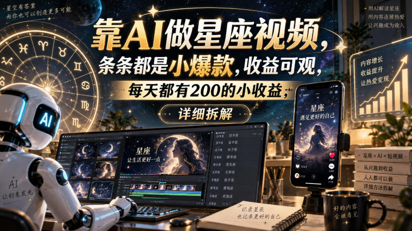 靠AI做星座视频，条条都是小爆款，收益可观，每天都有200的小收益，详细拆解-百川聊项目