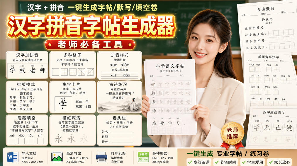 学习神器，汉字拼音字帖生成器，汉字+拼音 一键生成字帖/默写/填空卷，支持词组、成语，老师、家长必备-百川聊项目