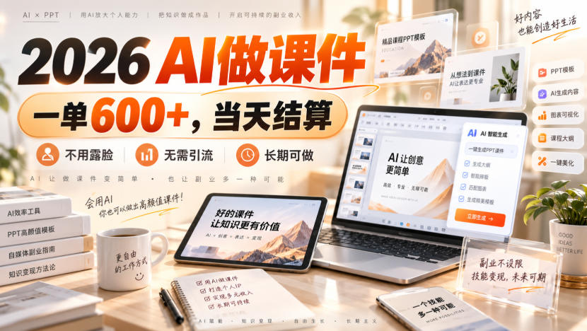 2026 AI做课件，一单600+，当天结算，不用露脸，无需引流，长期可做【揭秘】-百川聊项目