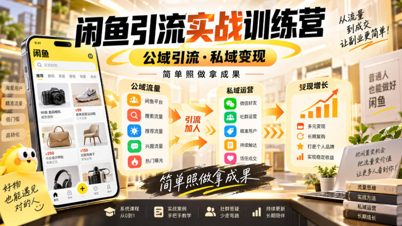 闲鱼引流实战训练营，公域引流·私域变现，简单照做拿成果-百川聊项目