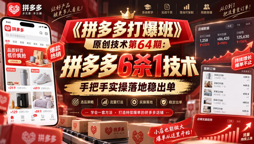 《拼多多打爆班》原创技术第64期：拼多多6杀1技术，手把手实操落地稳出单-百川聊项目