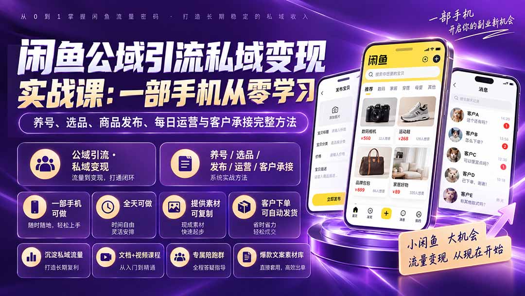 闲鱼公域引流私域变现实战课：一部手机从零学习养号、选品、商品发布、每日运营与客户承接完整方法-百川聊项目