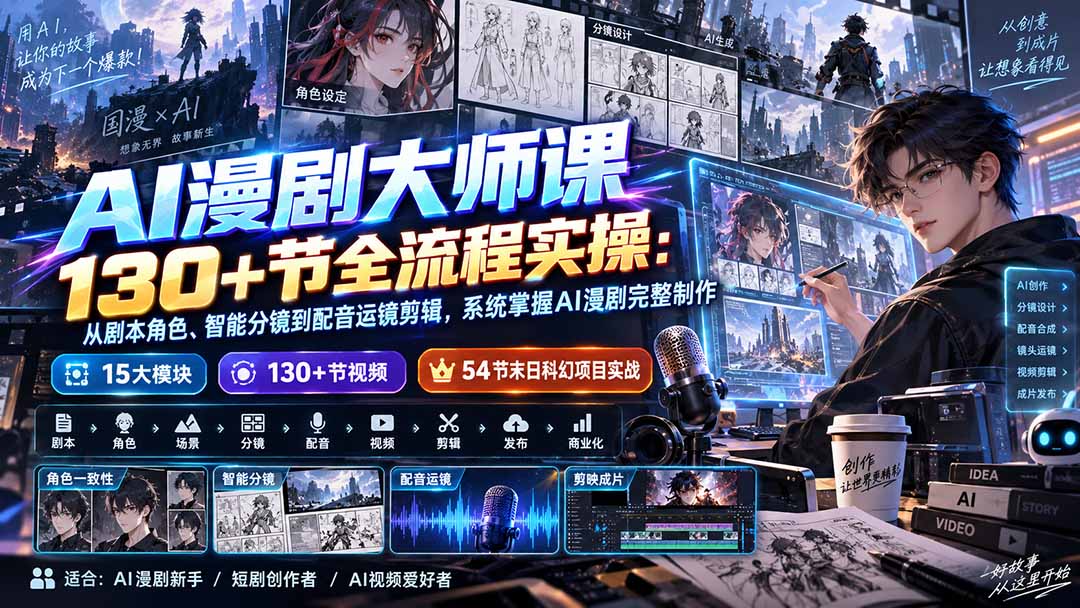 AI漫剧大师课130+节全流程实操：从剧本角色、智能分镜到配音运镜剪辑，系统掌握AI漫剧完整制作-百川聊项目