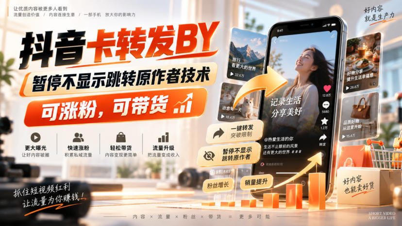 抖音卡转发搬运，暂停不显示跳转原作者技术，可涨粉，可带货-百川聊项目