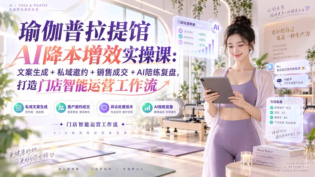 瑜伽普拉提馆AI降本增效实操课：文案生成+私域邀约+销售成交+AI陪练复盘，打造门店智能运营工作流-百川聊项目