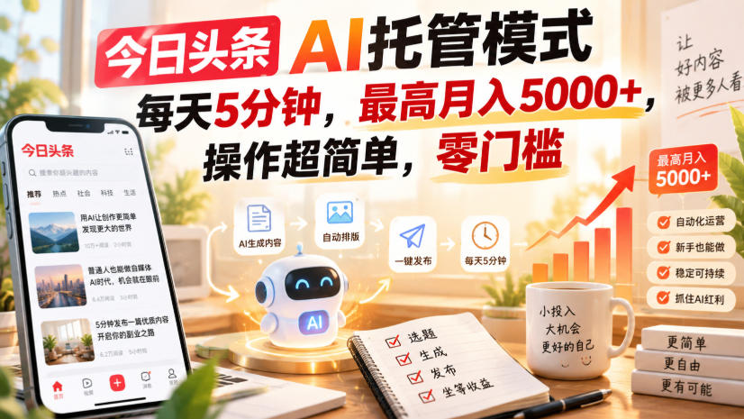 今日头条AI托管模式，每天5分钟，最高月入5000+，操作超简单，零门槛【揭秘】-百川聊项目