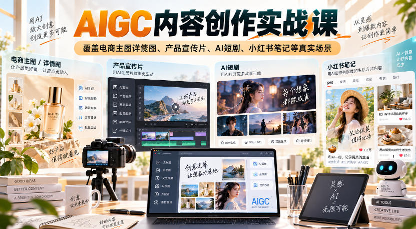 AIGC内容创作实战课，覆盖电商主图详情图、产品宣传片、AI短剧、小红书笔记等真实场景-百川聊项目