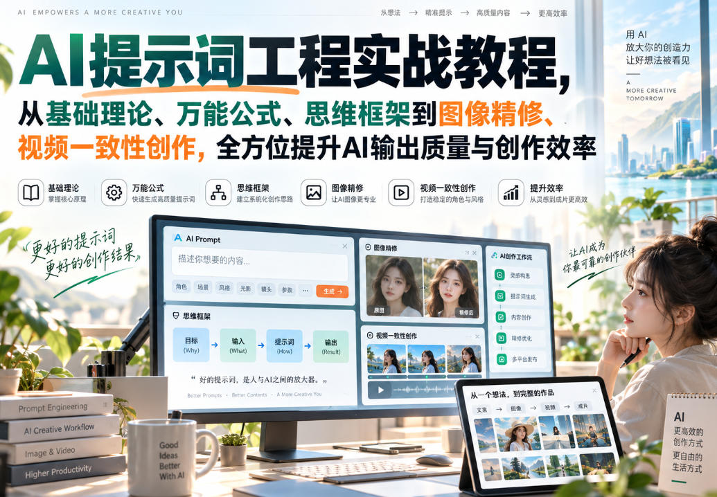 AI提示词工程实战教程,从基础理论、万能公式、思维框架到图像精修、视频一致性创作,全方位提升AI输出质量与创作效率-百川聊项目