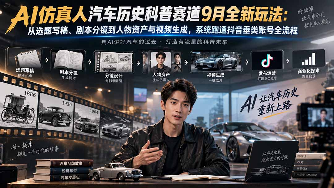 AI仿真人汽车历史科普赛道9月全新玩法：从选题写稿、剧本分镜到人物资产与视频生成，系统跑通抖音垂类账号全流程-百川聊项目