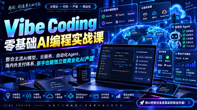 Vibe Coding零基础AI编程实战课-无水印，整合主流AI模型、云服务、自动化Agent、海内外支付体系，新手也能独立做商业化AI产品-百川聊项目