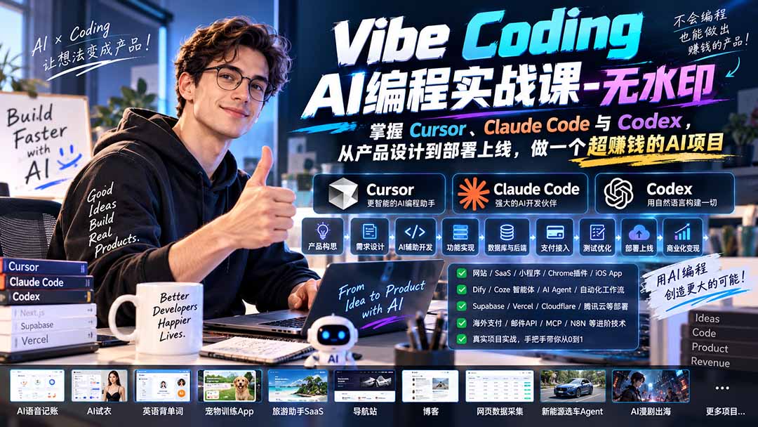 Vibe Coding AI编程实战课-无水印：掌握Cursor、Claude Code与Codex，从产品设计到部署上线，做一个超赚钱的AI项目-百川聊项目