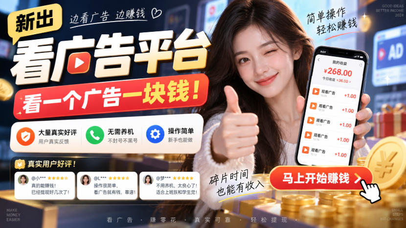 新出看广告平台，看一个广告一块钱，大量真实好评！无需养机、不会黑号，操作简单【揭秘】-百川聊项目