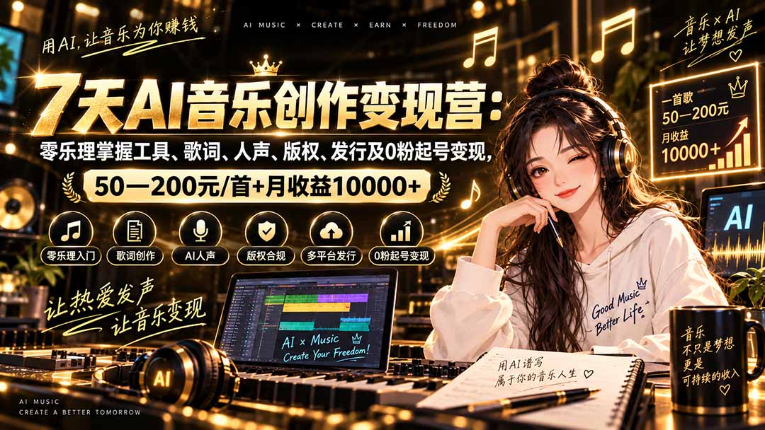 AI音乐创作变现营：零乐理掌握工具、歌词、人声、版权、发行及0粉起号变现，50—200元/首+月收益10000+-百川聊项目