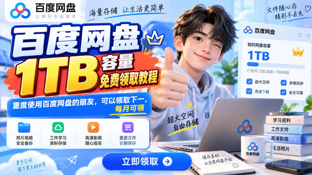 百度网盘1TB容量免费领取教程，重度使用百度网盘的朋友，可以领取下一，每月可领-百川聊项目