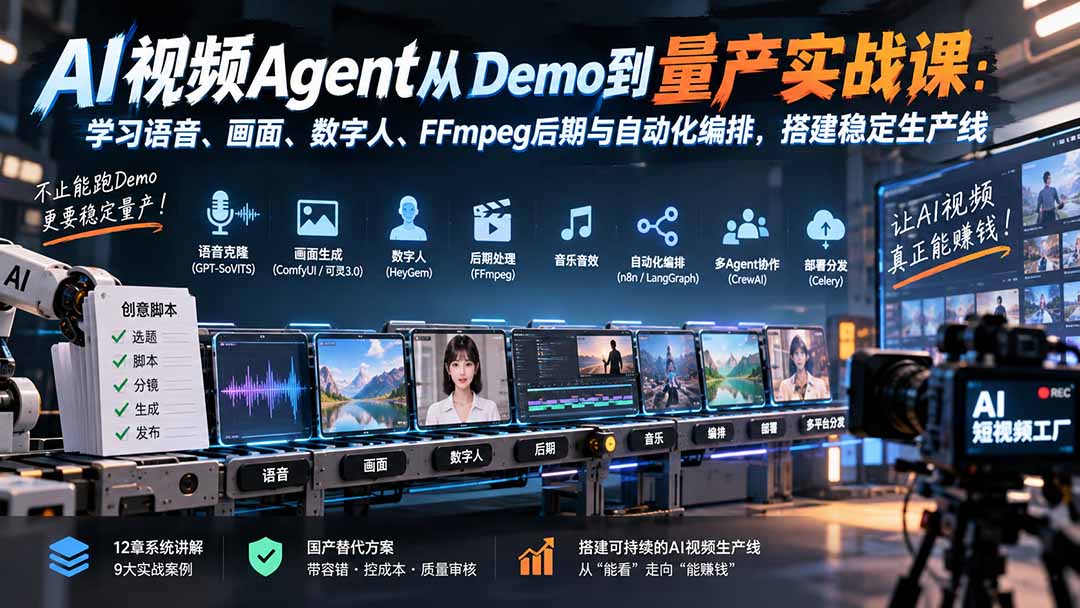 AI视频Agent从Demo到量产实战课：学习语音、画面、数字人、FFmpeg后期与自动化编排，搭建稳定生产线-百川聊项目