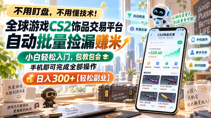 全球游戏CS2饰品交易平台自动批量捡漏赚米，小白轻松入门，包教包会，手机即可完成全部操作，日入300+【轻松副业】-百川聊项目