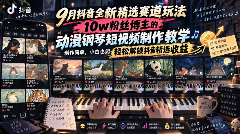 9月抖音全新精选赛道玩法，10w粉丝博主的动漫钢琴短视频制作教学，制作简单，小白也能轻松解锁抖音精选收益-百川聊项目