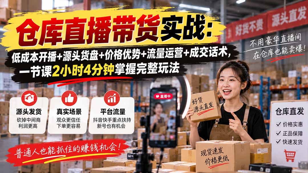 仓库直播带货实战：低成本开播+源头货盘+价格优势+流量运营+成交话术，一节课2小时4分钟掌握完整玩法-百川聊项目
