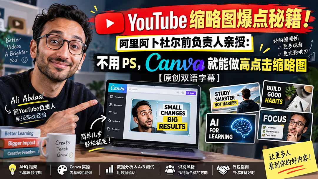 YouTube 缩略图爆点秘籍！阿里阿卜杜尔前负责人亲授：不用 PS，Canva 就能做高点击缩略图【原创双语字幕】-百川聊项目