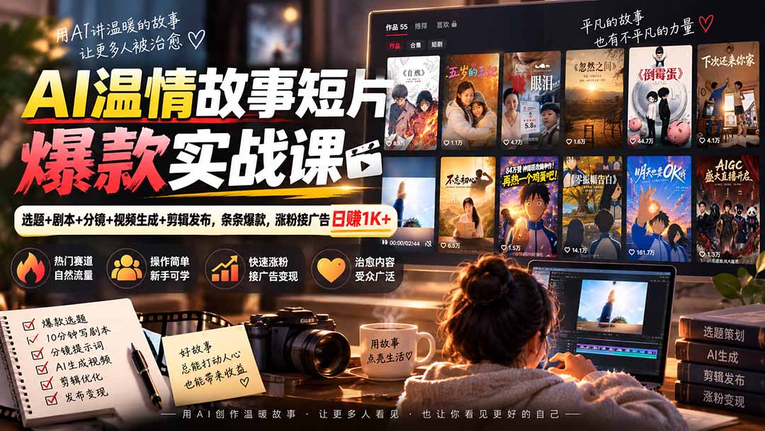 AI温情故事短片爆款实战课-更新｜选题+剧本+分镜+视频生成+剪辑发布，条条爆款，涨粉接广告日赚1K+-百川聊项目