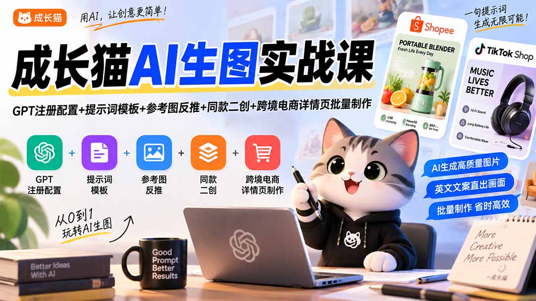 成长猫AI生图实战课｜GPT注册配置+提示词模板+参考图反推+同款二创+跨境电商详情页批量制作-百川聊项目