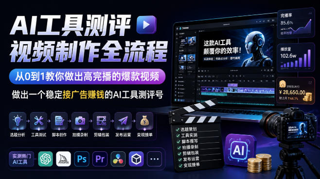 AI工具测评视频制作全流程，从0到1教你做出高完播的爆款视频，做出一个稳定接广告賺钱的AI工具测评号-百川聊项目