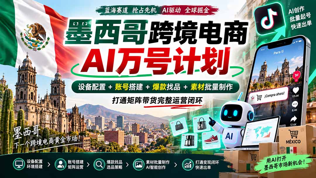 墨西哥AI跨境电商万号计划｜设备配置+账号搭建+爆款找品+素材批量制作，打通矩阵带货完整运营闭环-百川聊项目
