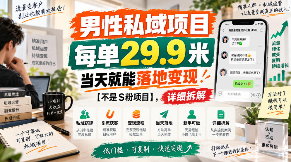 男性私域项目，每单29.9米，当天就能落地变现【不是S粉项目】，详细拆解-百川聊项目