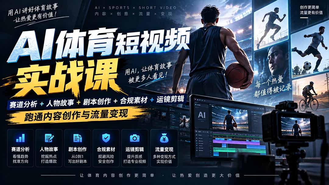 AI体育短视频赛道顶级玩法｜赛道分析+人物故事+剧本创作+版权处理+运镜剪辑，跑通流量变现-日赚1K+-百川聊项目