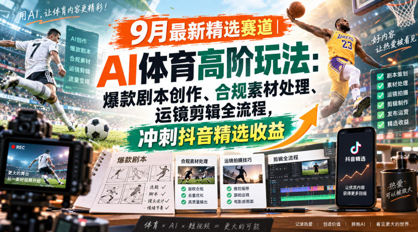 某大佬的9月最新精选赛道之AI体育顶级玩法，爆款剧本创作、版权规避、运镜剪辑全流程，稳拿抖音精选收益-百川聊项目