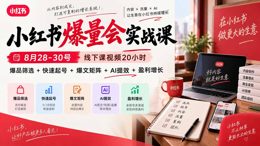 小红书爆量会实战课-更新9月17：线下课视频20小时，爆品筛选+快速起号+爆文矩阵+AI提效+盈利增长-百川聊项目