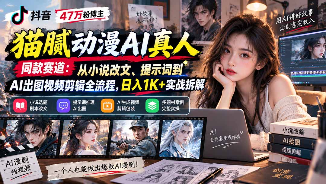抖音47万粉博主猫腻动漫AI真人同款赛道：从小说改文、提示词到AI出图视频剪辑全流程，日入1K+实战拆解-百川聊项目