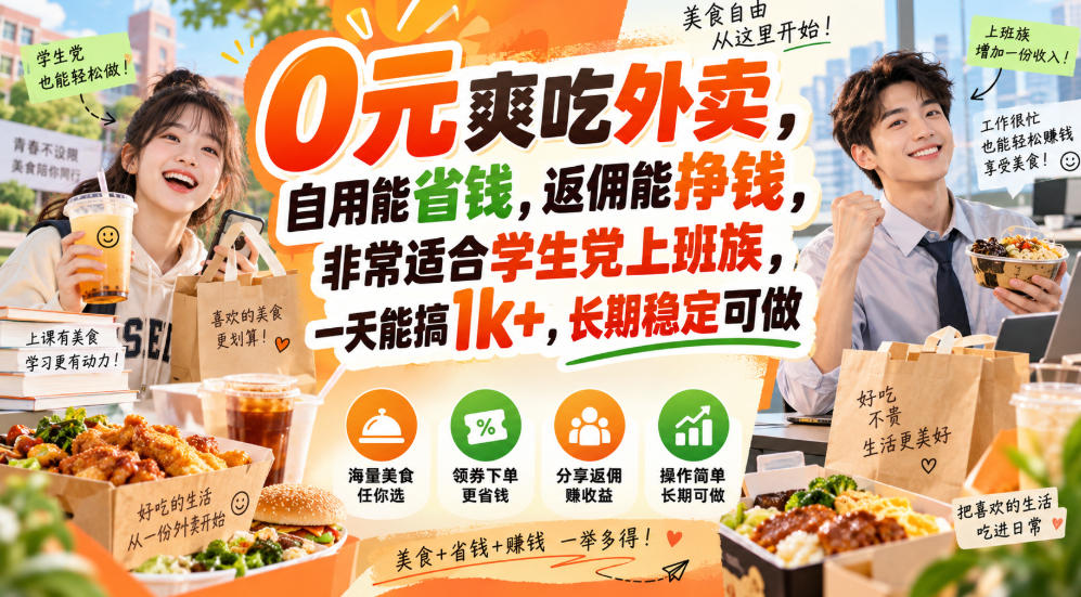 0元爽吃外卖，自用能省钱，返佣能挣钱，非常适合学生党上班族，一天能搞1k+，长期稳定可做-百川聊项目