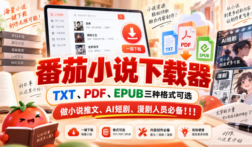 番茄小说下载器，TXT、PDF、EPUB三种格式可选，做小说推文、AI短剧、漫剧人员必备！！！-百川聊项目