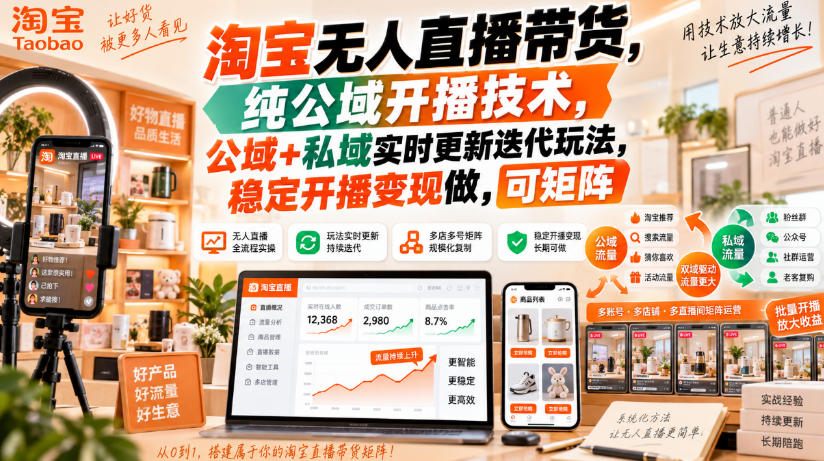 淘宝无人直播带货，纯公域开播技术，公域+私域实时更新迭代玩法，稳定开播变现做，可矩阵【揭秘】-百川聊项目