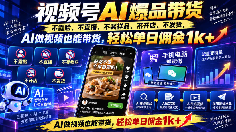 视频号Ai爆品带货，不露脸、不直播、不买样品、不开店、不发货，AI做视频也能带货，轻松单日佣金1k+-百川聊项目