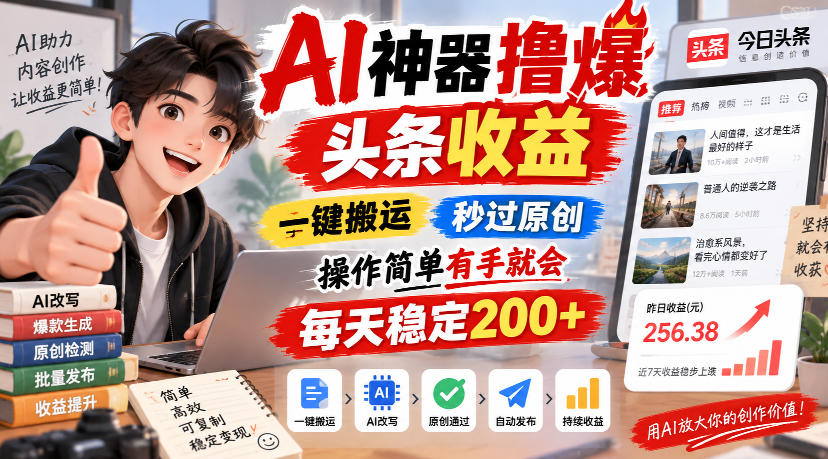 AI神器撸爆头条收益，一键搬运，秒过原创，操作简单有手就会，每天稳定200+【揭秘】-百川聊项目