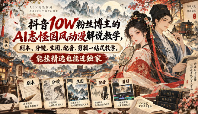 抖音10W粉丝博主满堂诡事的AI志怪国风动漫解说教学，剧本、分镜、生图、配音、剪辑一站式教学，能挂精选也能进独家​-百川聊项目