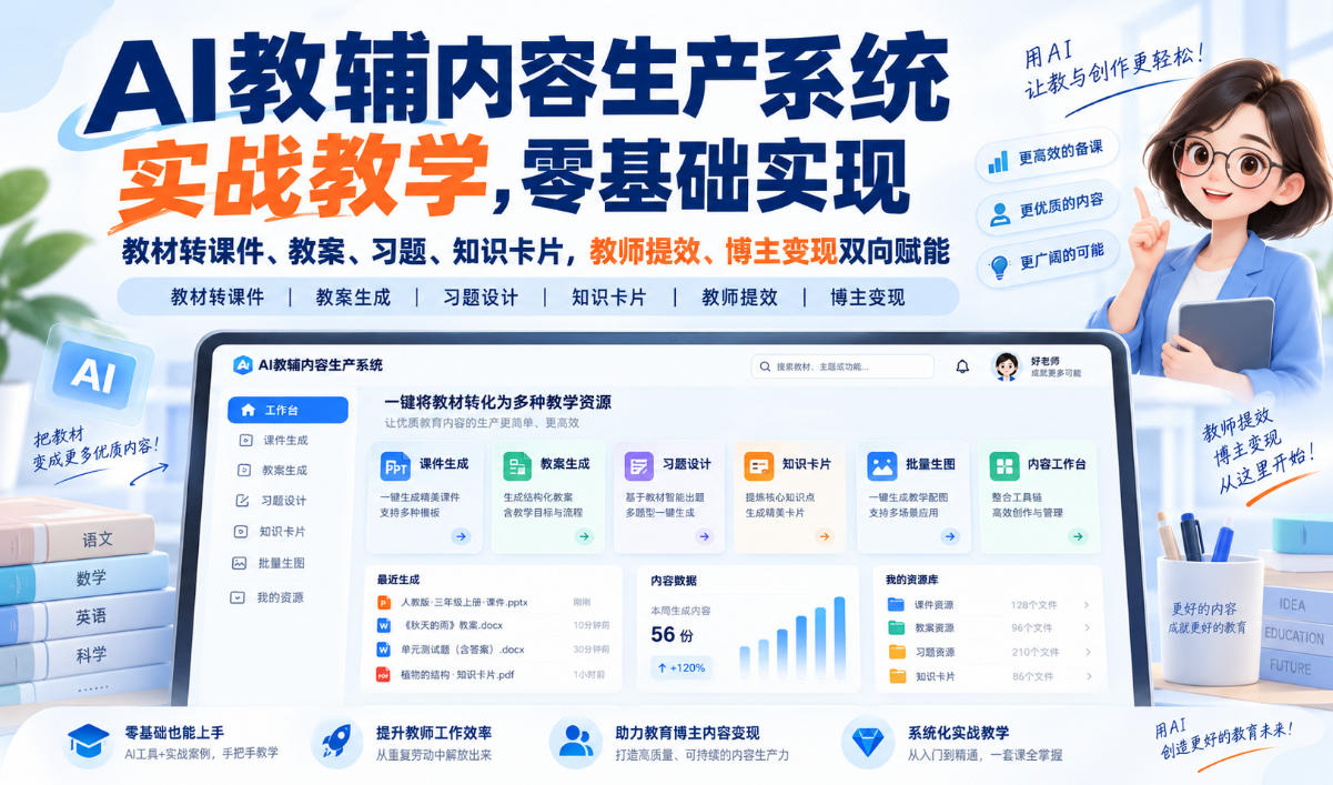AI教辅内容生产系统实战教学，零基础实现教材转课件、教案、习题、知识卡片，教师提效、博主变现双向赋能-百川聊项目